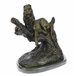 Lion Resting Bronze Sculpture on Marble Base Figurine