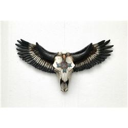 handmade Painted Cow Skull with American Flying Eagle Cold Cast Bronze Sculpture