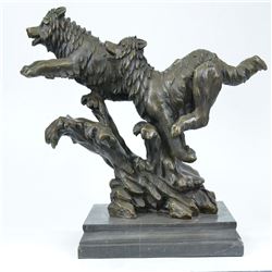 Pack Wolf Wolves Running Bronze Sculpture on Marble Statue