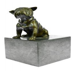 Bulldog Dog Animal Bronze Sculpture on Marble Base Statue