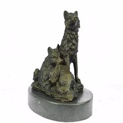 Miniature Wolf Family Bronze Sculpture on Marble Base Statue