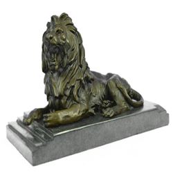 African Lion Roaring Bronze Sculpture on Marble Base Statue