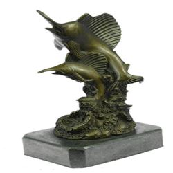 Two Marlin Bronze Sculpture on Marble Base Figurine