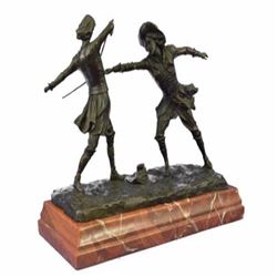 Two Male Fencer Bromze Sculpture on Marble Base Statue