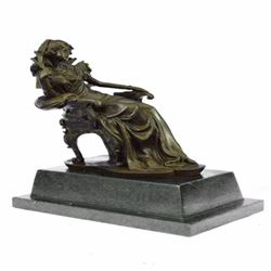 Lady Seating on Chair Bronze Sculpture on Marble Base Figurine