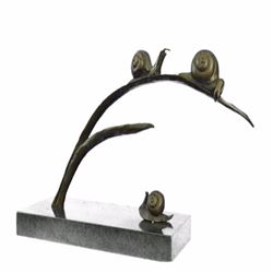 Snails on Branch Bronze Sculpture on Marble Base Statue