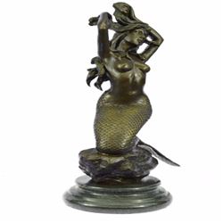 Nude Sexy Mermaid Bronze Sculpture on Marble Base Statue