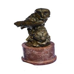 Owls Animal Bronze Sculpture on Marble Base Figurine