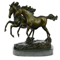 Two Running Horses Bronze Sculpture on Marble Base Statue