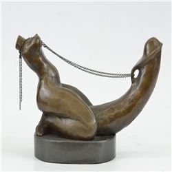 Erotic Sexy Nude Girl Rides Phallus with Chain Bronze Sculpture