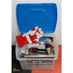 PLASTIC STORAGE BOX FULL OF  TOOLS AND MORE.