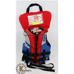 RED BODY GLOVE CHILD 30-60LB LIFE JACKET.