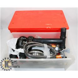 PLASTIC BIN FULL OF PLUMBING SUPPLIES