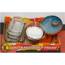 LOT OF ANCHOR OVEN GLASSWARE & CLAY CHIP & DIP