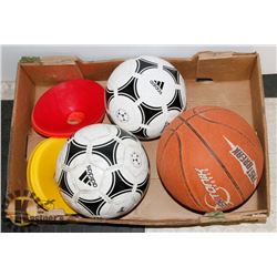 LOT OF BALLS INCL SOCCER BALLS, BASKET BALL.