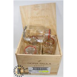 4 - 3/6 L CANNING JARS IN A WOOD WINE CRATE