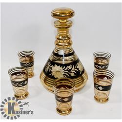 GOLD PLATED DECANTER AND 5 SMALL GLASSES