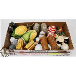 FLAT OF 13 ASST COLLECTIBLE SALT & PEPPER SHAKERS.