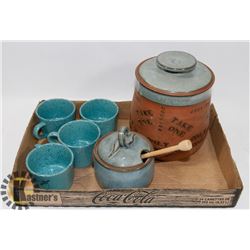COOKIE AND HONEY JAR AND POTTERY TEA CUP