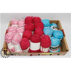 FLAT OF YARN - ROSE, VARIEGATED AND BLUE COTTON.