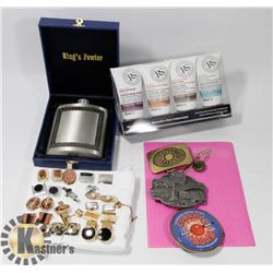 FLAT WITH KINGS PEWTER FLASK (UNUSED)