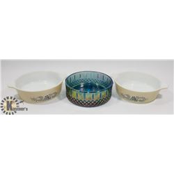 2PC PYREX AND A INDIANA BLUE CARNIVAL GLASS CANDY