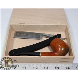 VINTAGE BRIAR PIPE & ETCHED MASONS STRAIGHT RAZOR