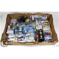 LARGE FLAT OF ACTION FIGURES AND HOT WHEELS.