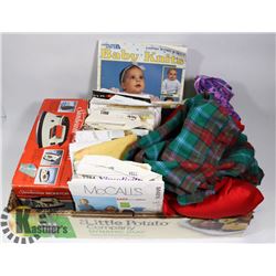 SUNBEAM IRON, ASSORTED PATTERNS AND FABRIC