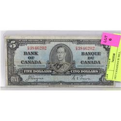 1937 CANADIAN $5 BILL.