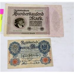 GERMAN BANK NOTE 20 MARK 1914 AND 100,000 1923