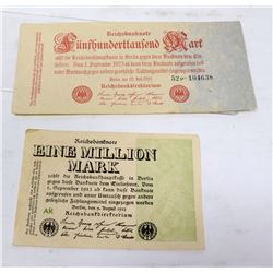 2 GERMAN BANKNOTES 1 MILLION 1923, 500,000 1923