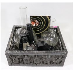 BOX WITH ORNAMENTS , BUSHNELL MICROSCOPE AND MORE.