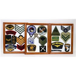 3 FRAMED CANADIAN AND US MILITARY PATCH LOTS.