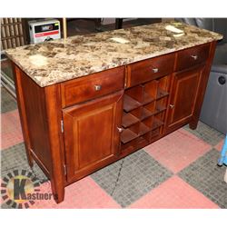 BROWN MARBLE TOP BUFFET TABLE WITH STORAGE DRAWERS