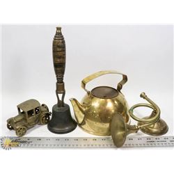 FLAT OF BRASS ITEMS ANTIQUE SCHOOL HAND BELL