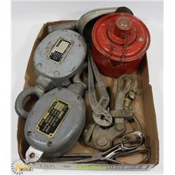 FLAT OF VINTAGE TOOLS PLUS SHIP PULLYS
