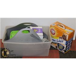NEW CAT LITTER BOX WITH 3 CONTAINERS OF CAT LITTER