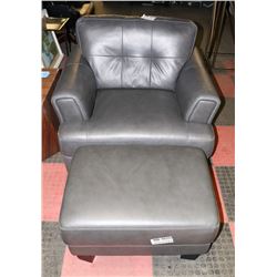 CHARCOAL ALL LEATHER CHAIR WITH OTTOMAN