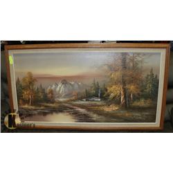 FRAMED 54"X30" RIVER SCENE OIL ARTWORK.