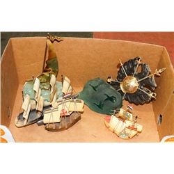BOX OF SHIP ORNAMENTS WTH CREST AND DUCK CARVED