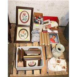 SMALL PALLET WITH ESTATE ITEMS-PRINTS, VASE,CUPS