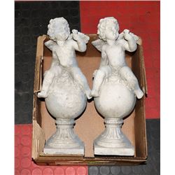 2 STONE GARDEN CUPIDS ON GLOBE PEDASTLES
