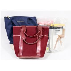 LOT WITH SMALL PURSES AND 6 PACKS OF PANTYHOSE