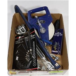FLAT W/ HEX KEY SET, TAPE MEASURE WHEEL AND MORE.