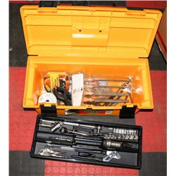 YELLOW RUBBERMAID TOOL BOX WITH CONTENTS