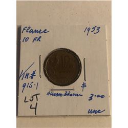 1953 France 10 Franc Uncirculated Grade KM 915.1
