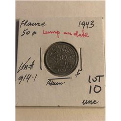ERROR WWII 1943 France 50 Centimes LUMP in Date Uncirculated KM 914.1