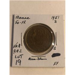 1951B France 50 Francs Extra Fine Grade Coin KM 918.2
