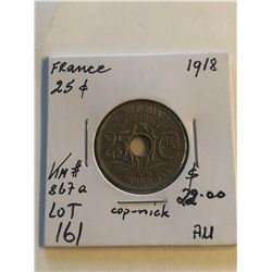 1918 France 25 Cents in AU High Grade KM 867A